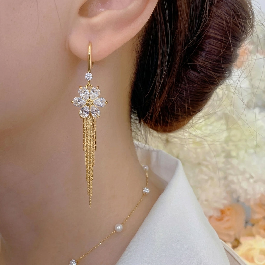 14k Crystal Floral Tassel Earrings