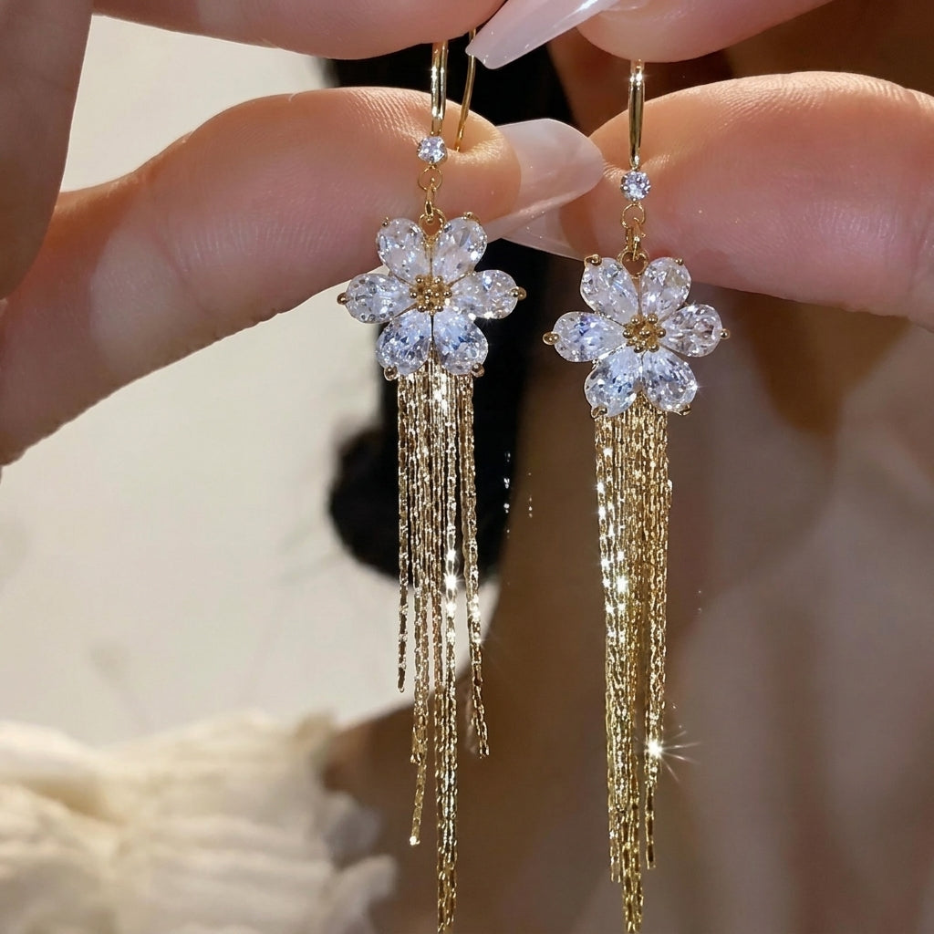 14k Crystal Floral Tassel Earrings