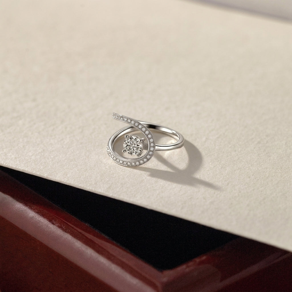 Elegant Curved Halo Solitaire Ring