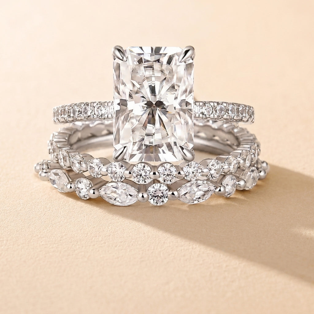3pc Pave Solitare Cut Ring Stack