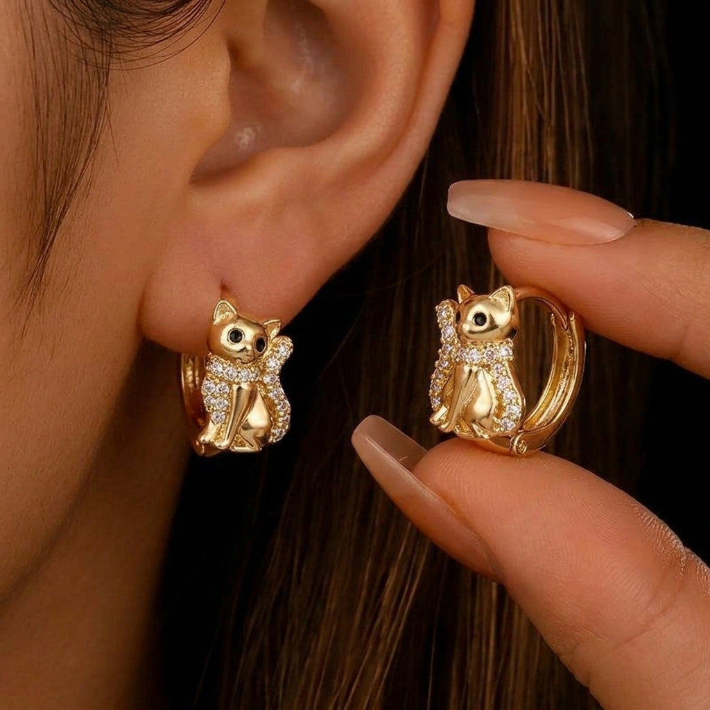 Dainty CZ Accented Cat Huggie Earrings
