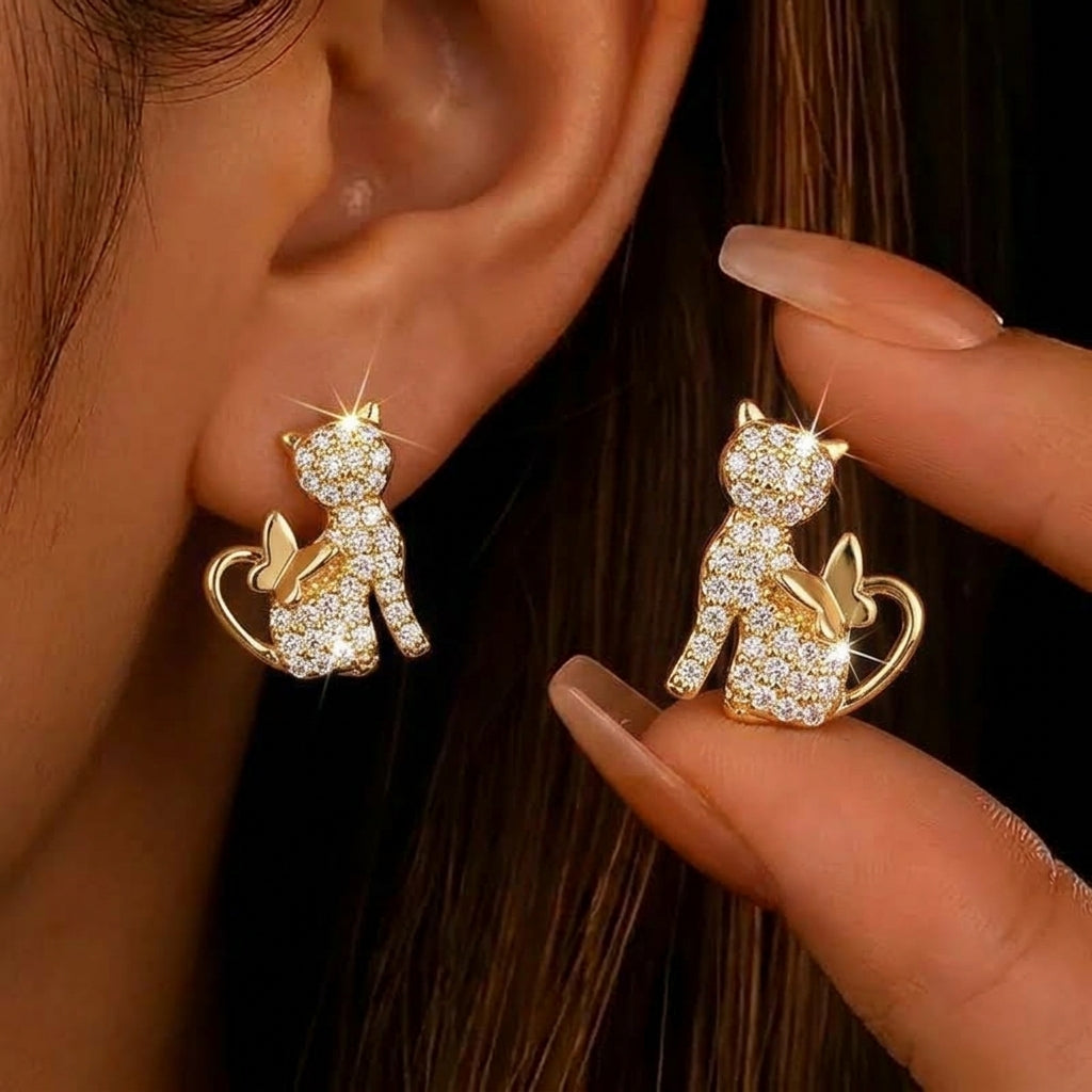 Dainty Cat Heart Butterfly Stud Earrings
