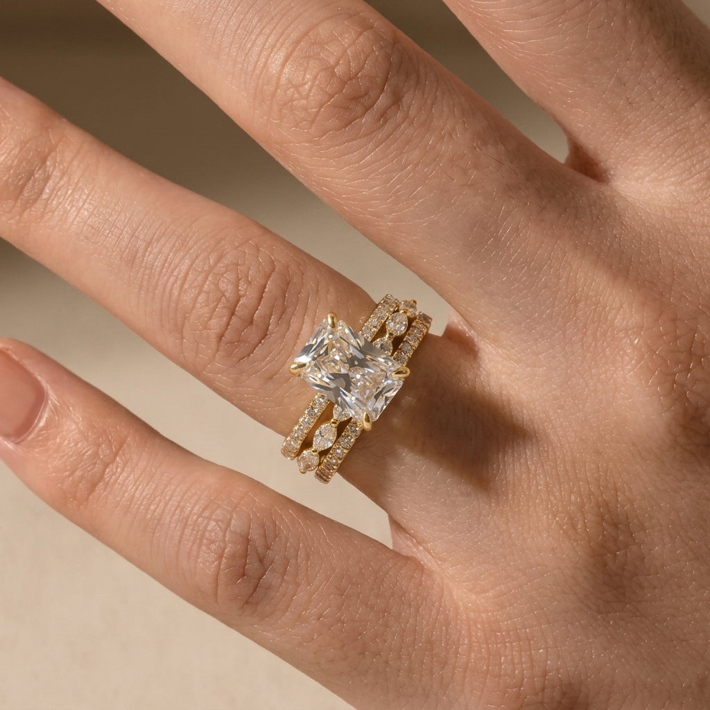 3pc Pave Solitare Cut Ring Stack