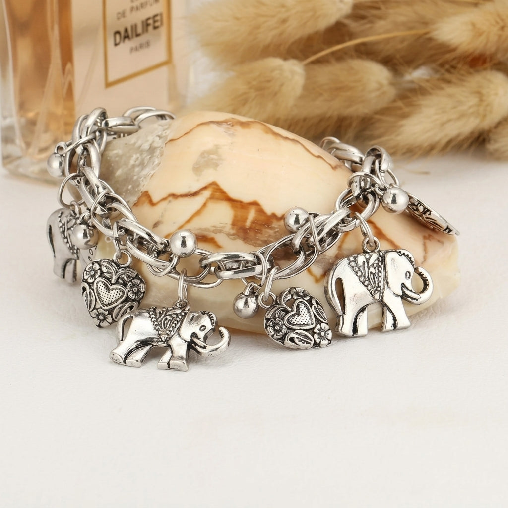Vintage Elephant & Heart Charm Anklet