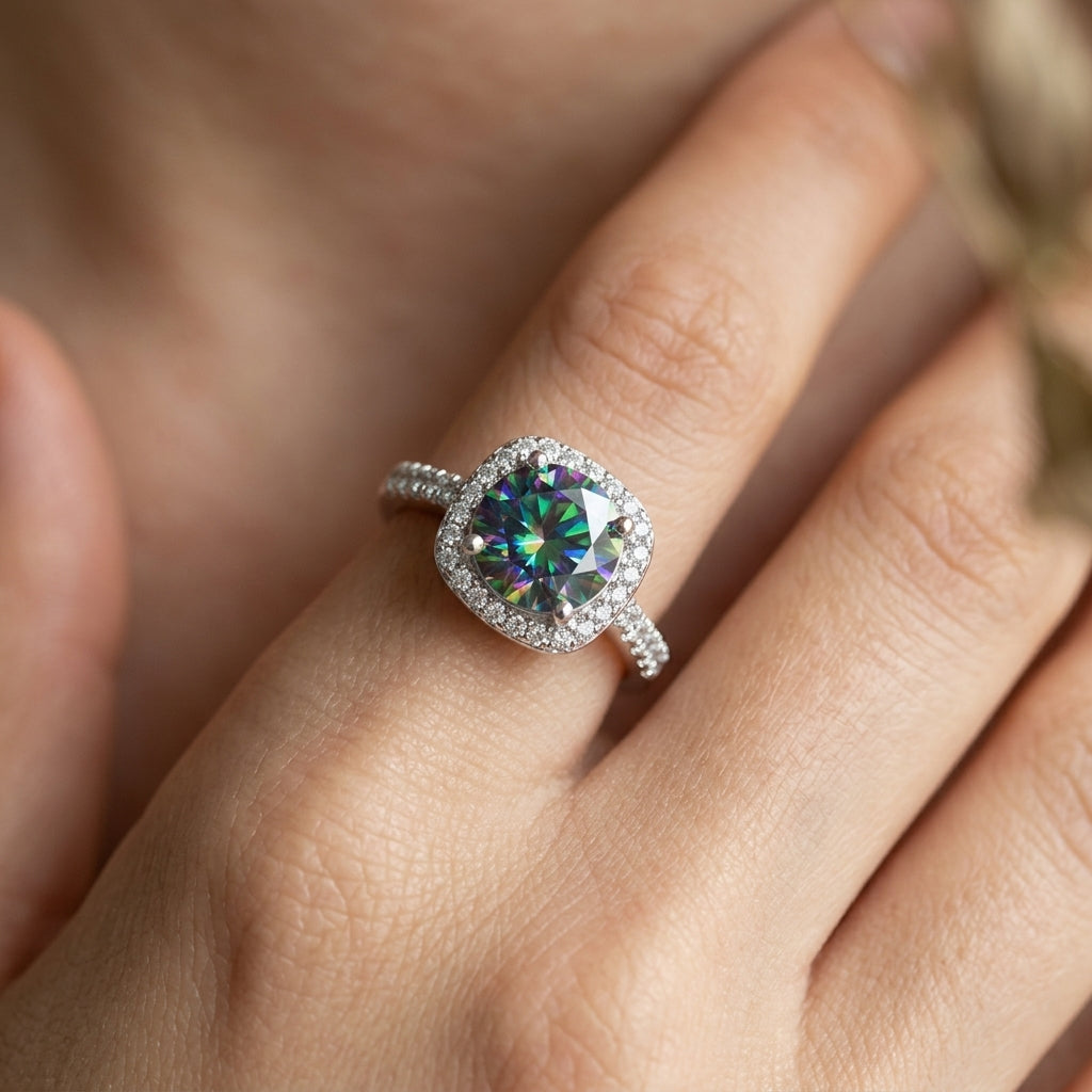Peacock Blue Square Halo Ring
