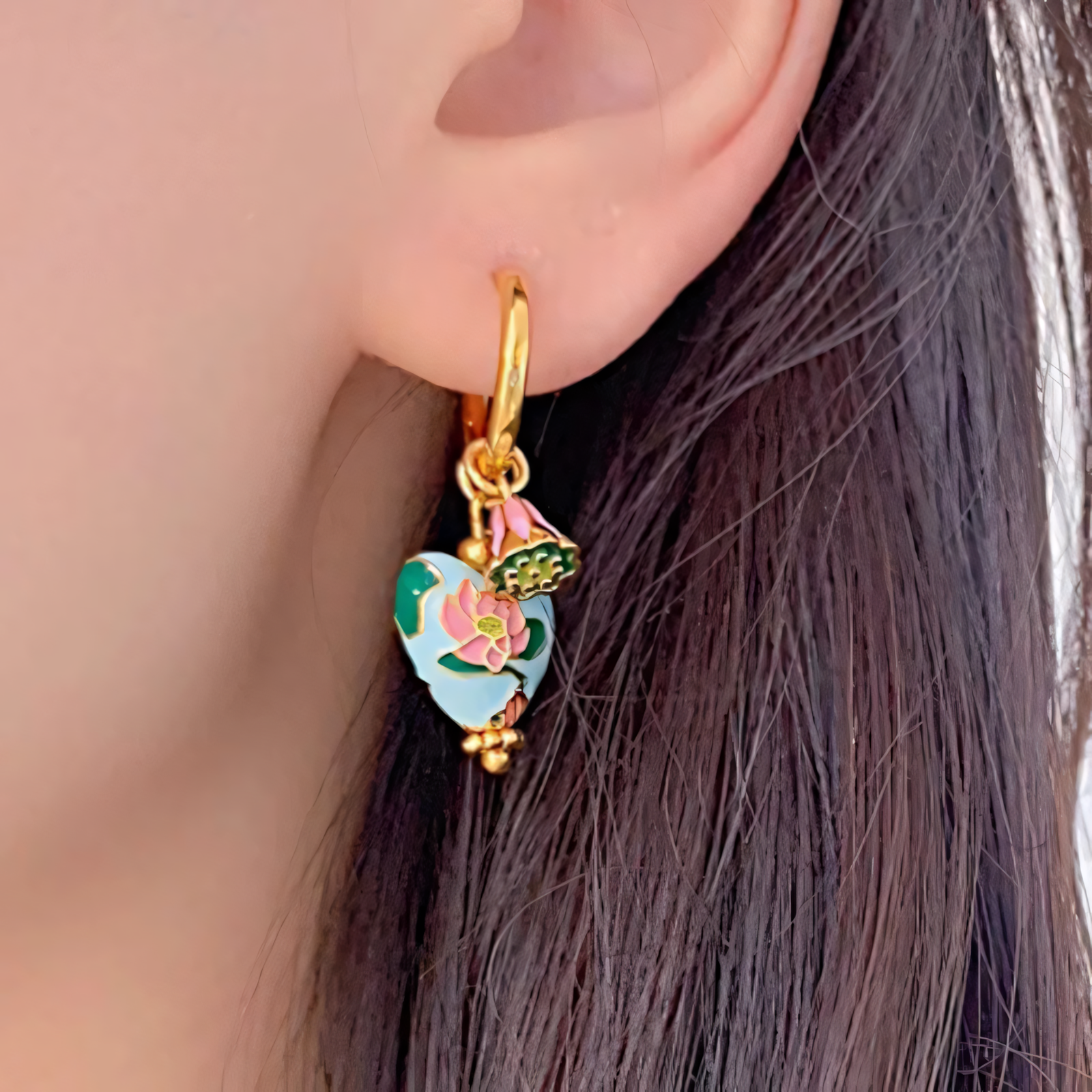 Dainty Floral Pastel Heart Hoop Huggie Earrings