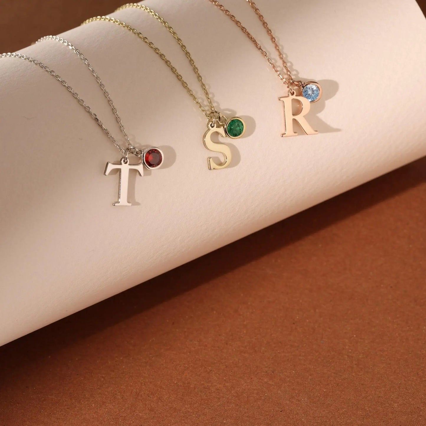 Dainty Serif Initial & Birthstone Necklace