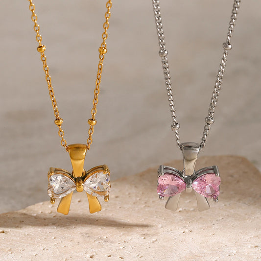 Dainty Feminine Diamond Bow Necklace