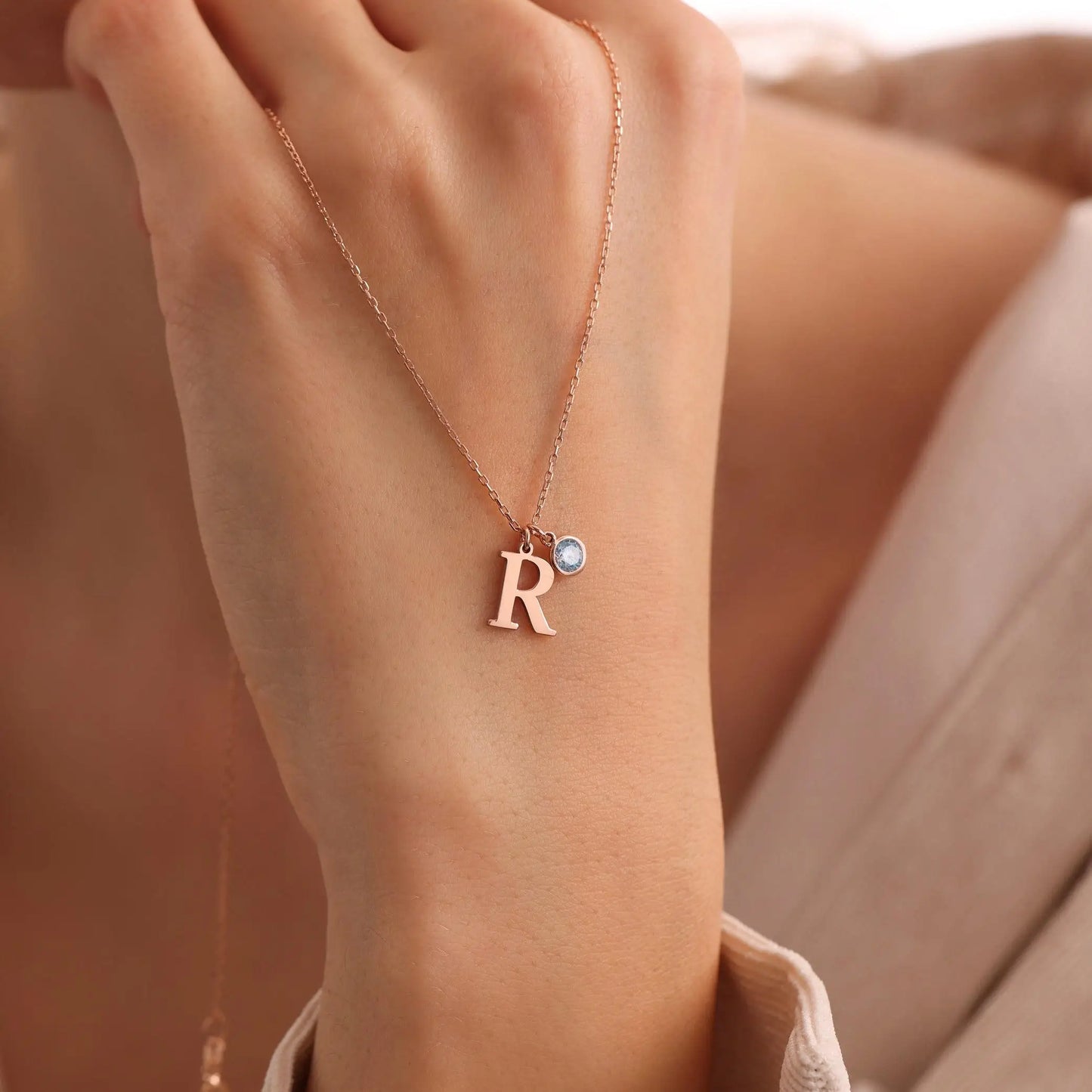 Dainty Serif Initial & Birthstone Necklace