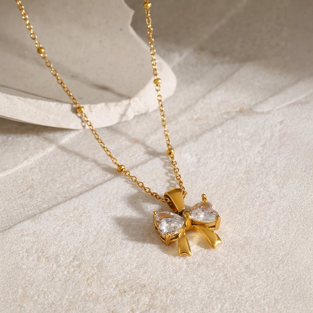 Dainty Feminine Diamond Bow Necklace