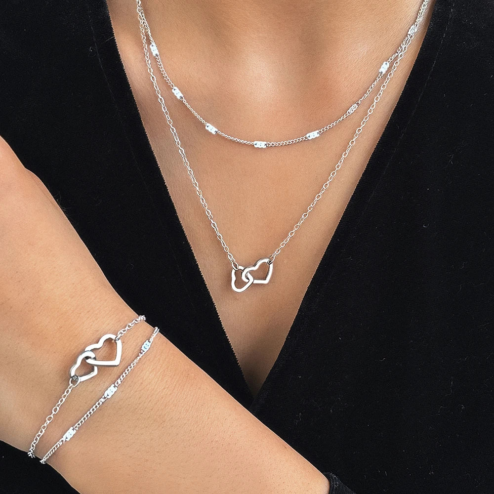 Dainty Curb & Chain Link Dual Heart Necklace and Bracelet Set