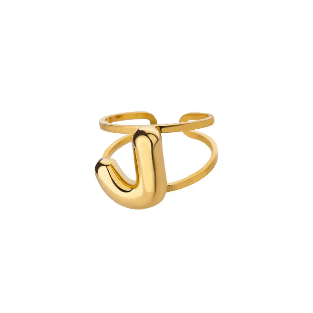 Adjustable Open Band Bubble Letter Initial Ring - Veinci