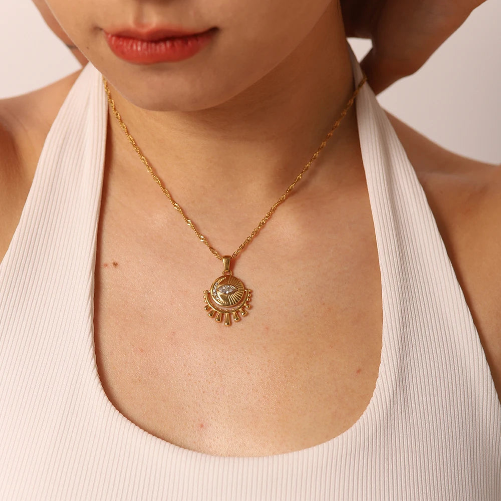 18k Dainty Sun & Moon Evil Eye Necklace