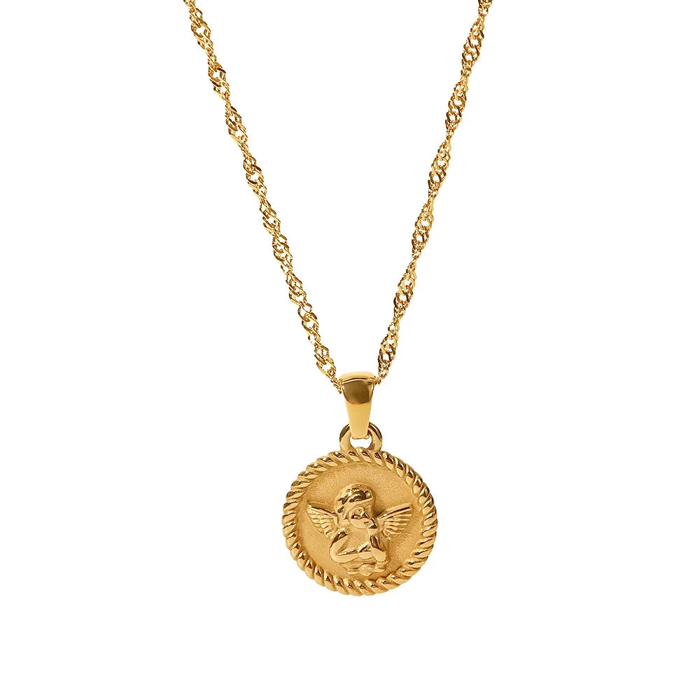 18k Dainty Textured Angel Pendant Necklace