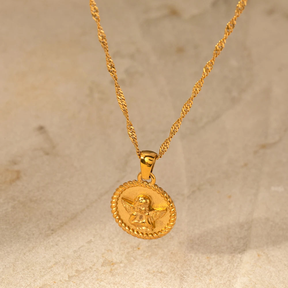 18k Dainty Textured Angel Pendant Necklace