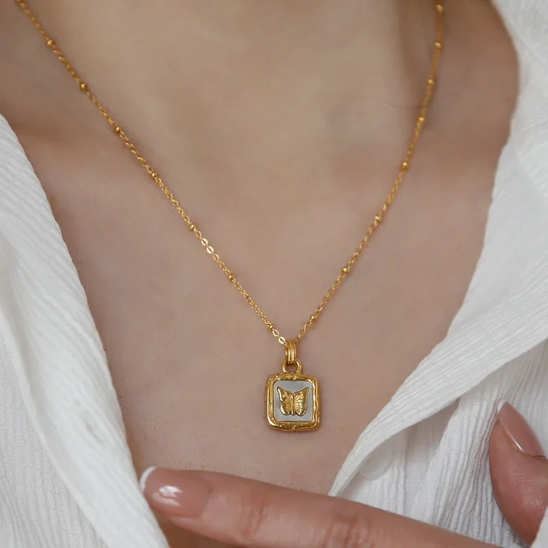 Feminine Gold Accented Butterfly Square Pendant Necklace