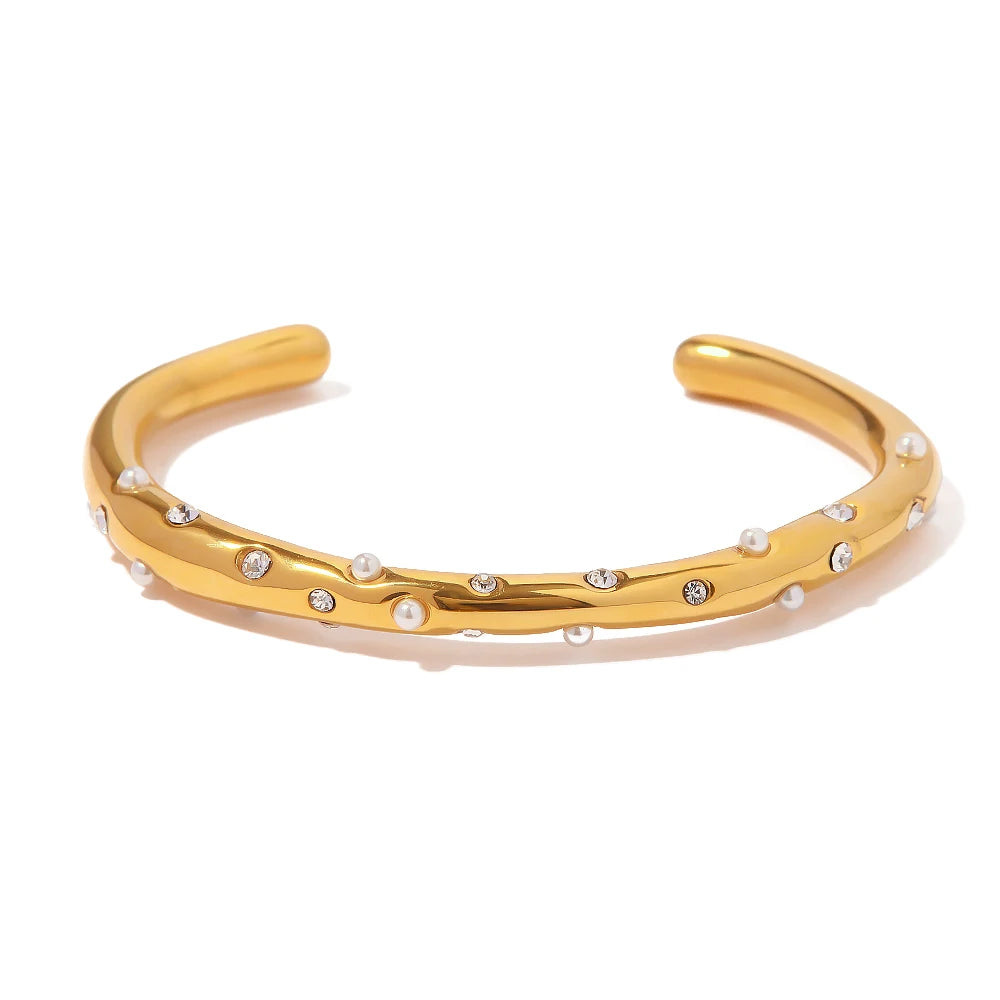 Diamond & Pearl Embedded Bangle Bracelet