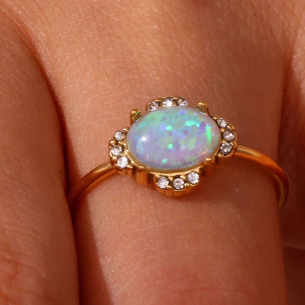 Adjustable Diamond Accented Opal Iridescent Rings