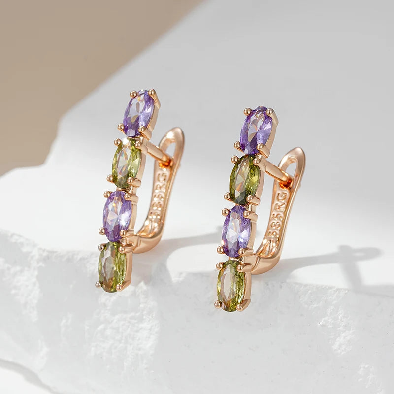 Elegant Purple & Green Diamond Stacked Earrings