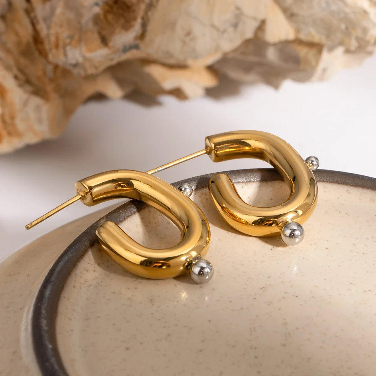 Two Tone C Bead Accent Earrings