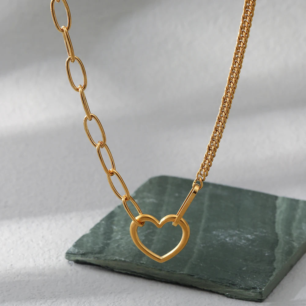 18k Paperclip & Curb Chain Heart Pendant Necklace