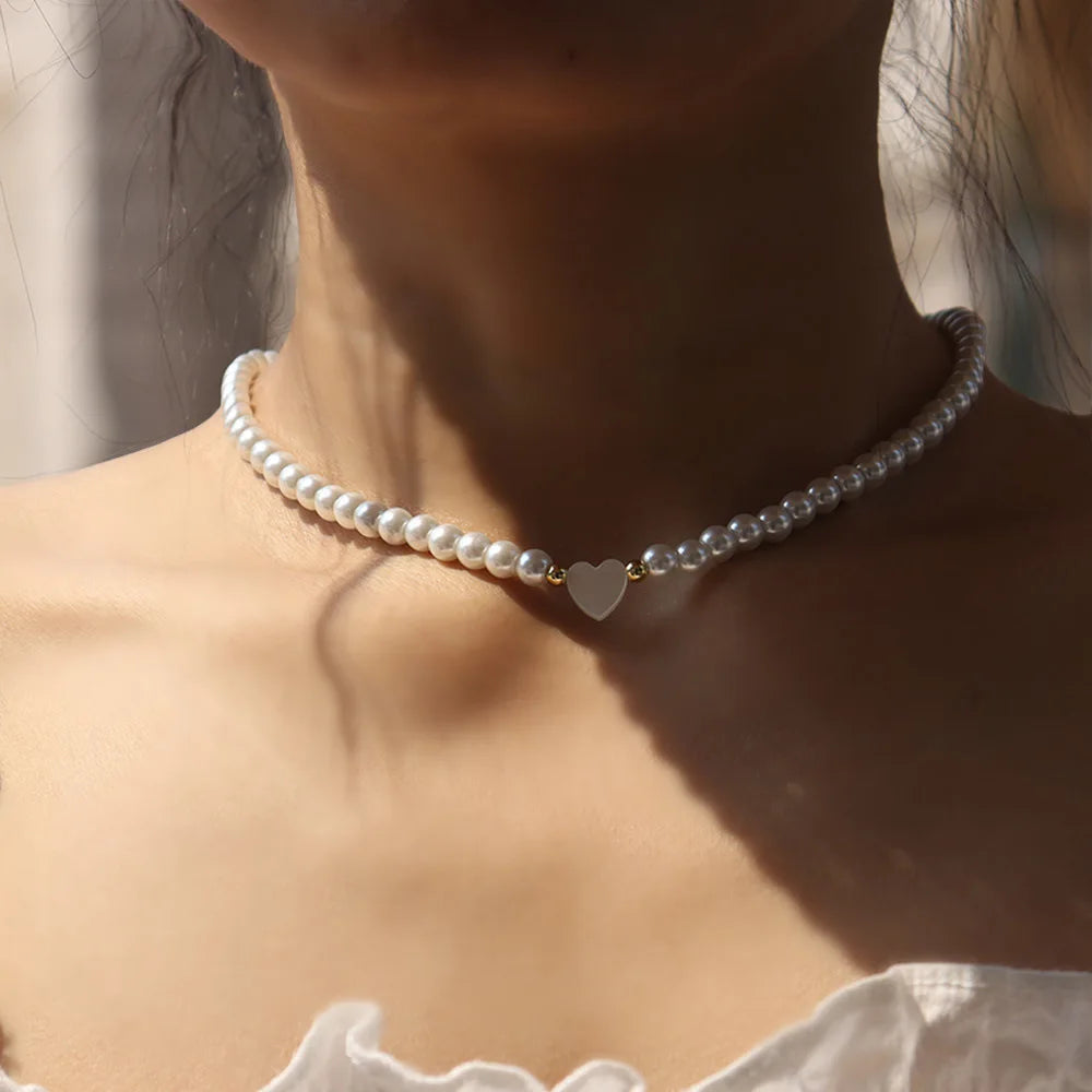 Classy Pearl Heart Choker Necklace