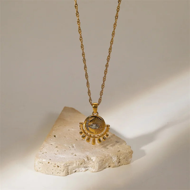 18k Dainty Sun & Moon Evil Eye Necklace