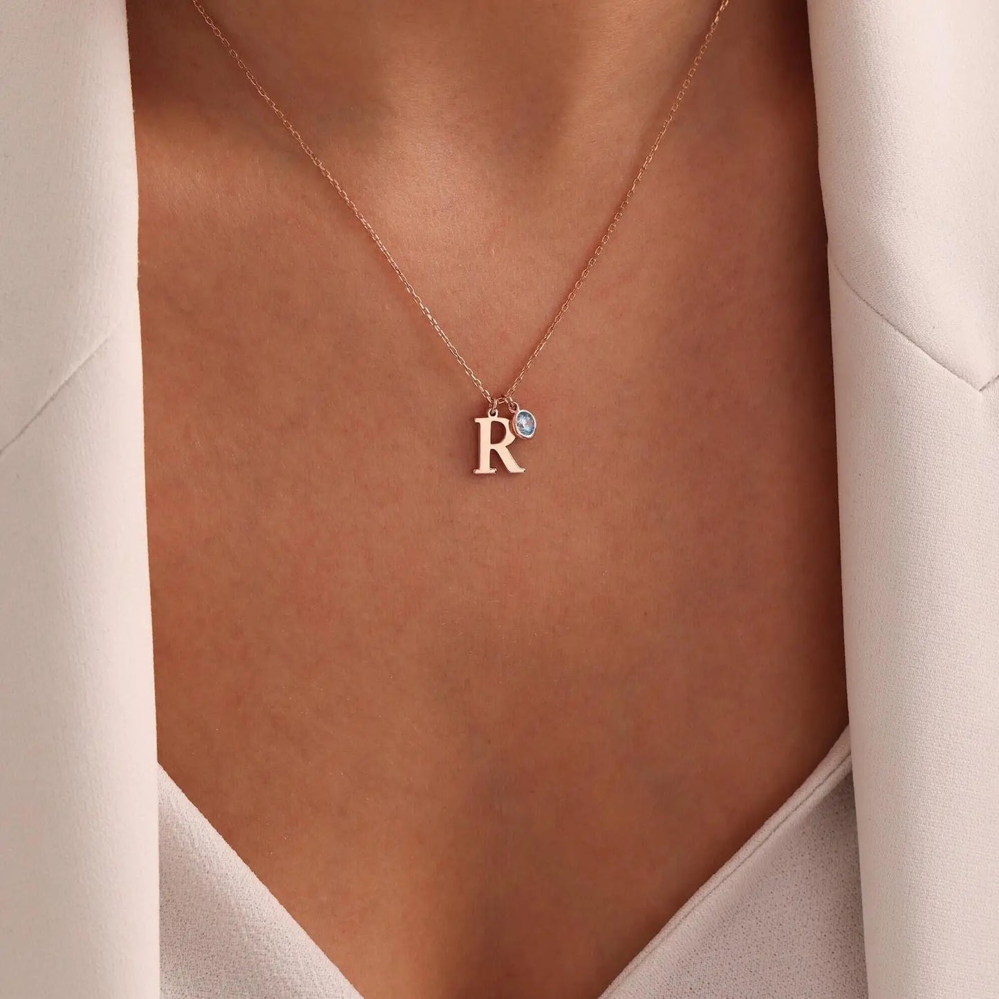 Dainty Serif Initial & Birthstone Necklace