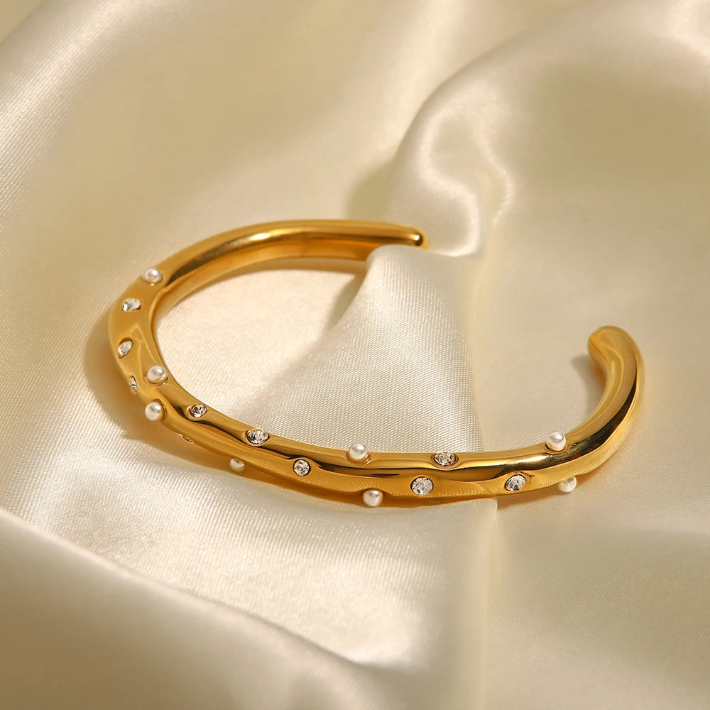 Diamond & Pearl Embedded Bangle Bracelet