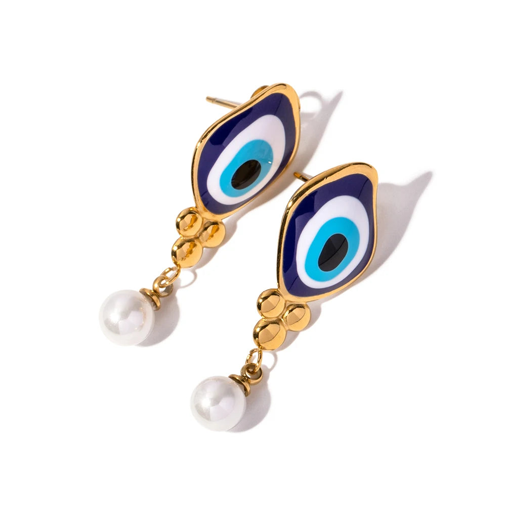 18k Evil Eye Pearl Drop Earrings