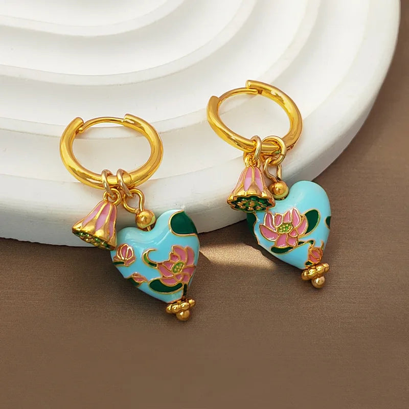 Dainty Floral Pastel Heart Hoop Huggie Earrings