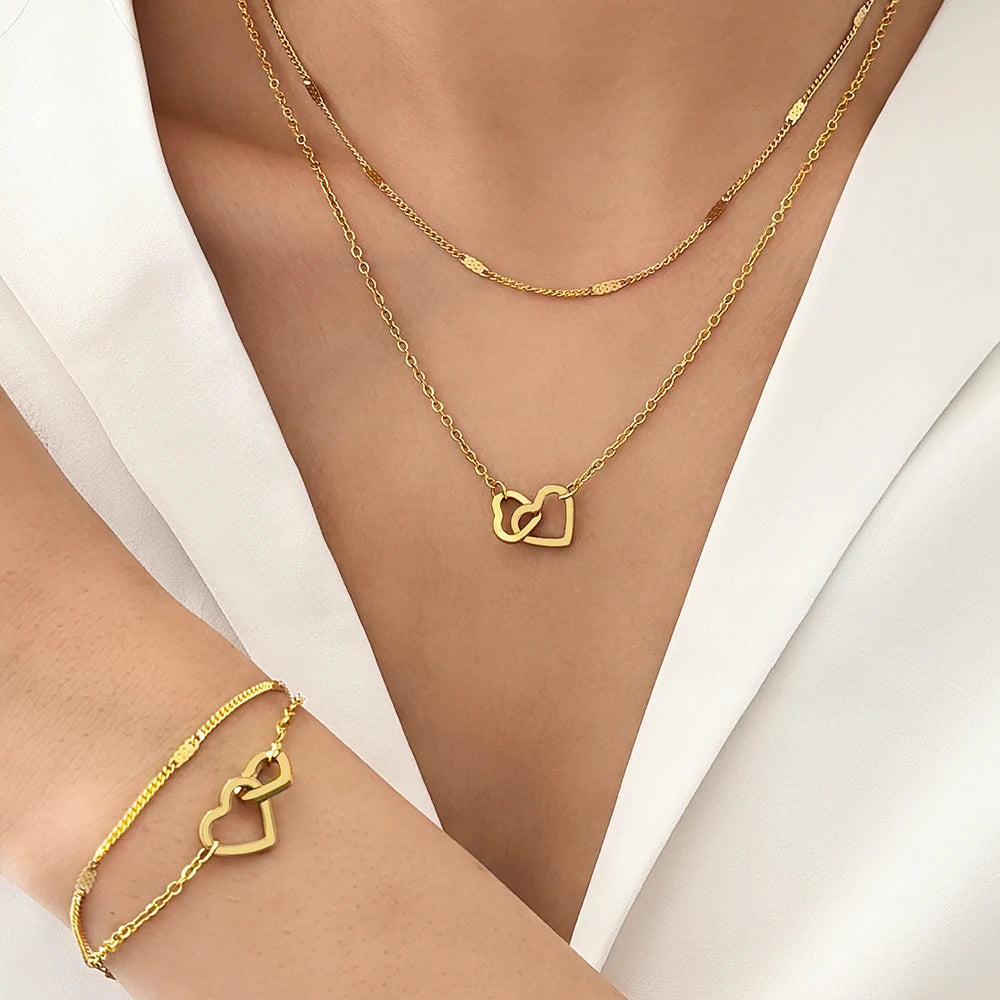 Dainty Curb & Chain Link Dual Heart Necklace and Bracelet Set