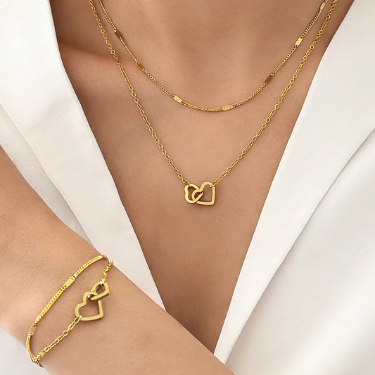 Dainty Curb & Chain Link Dual Heart Necklace and Bracelet Set