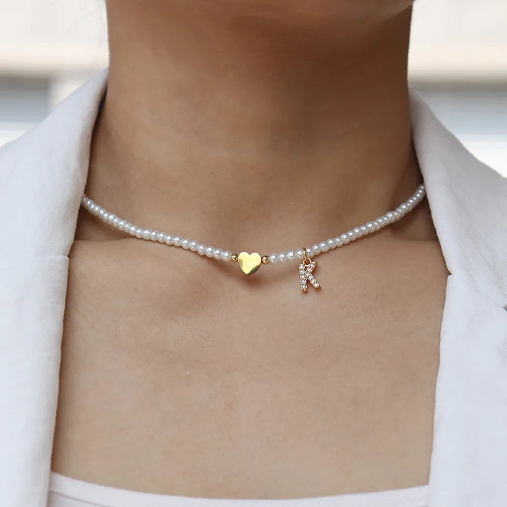 Dainty Beaded Heart Initial Necklace