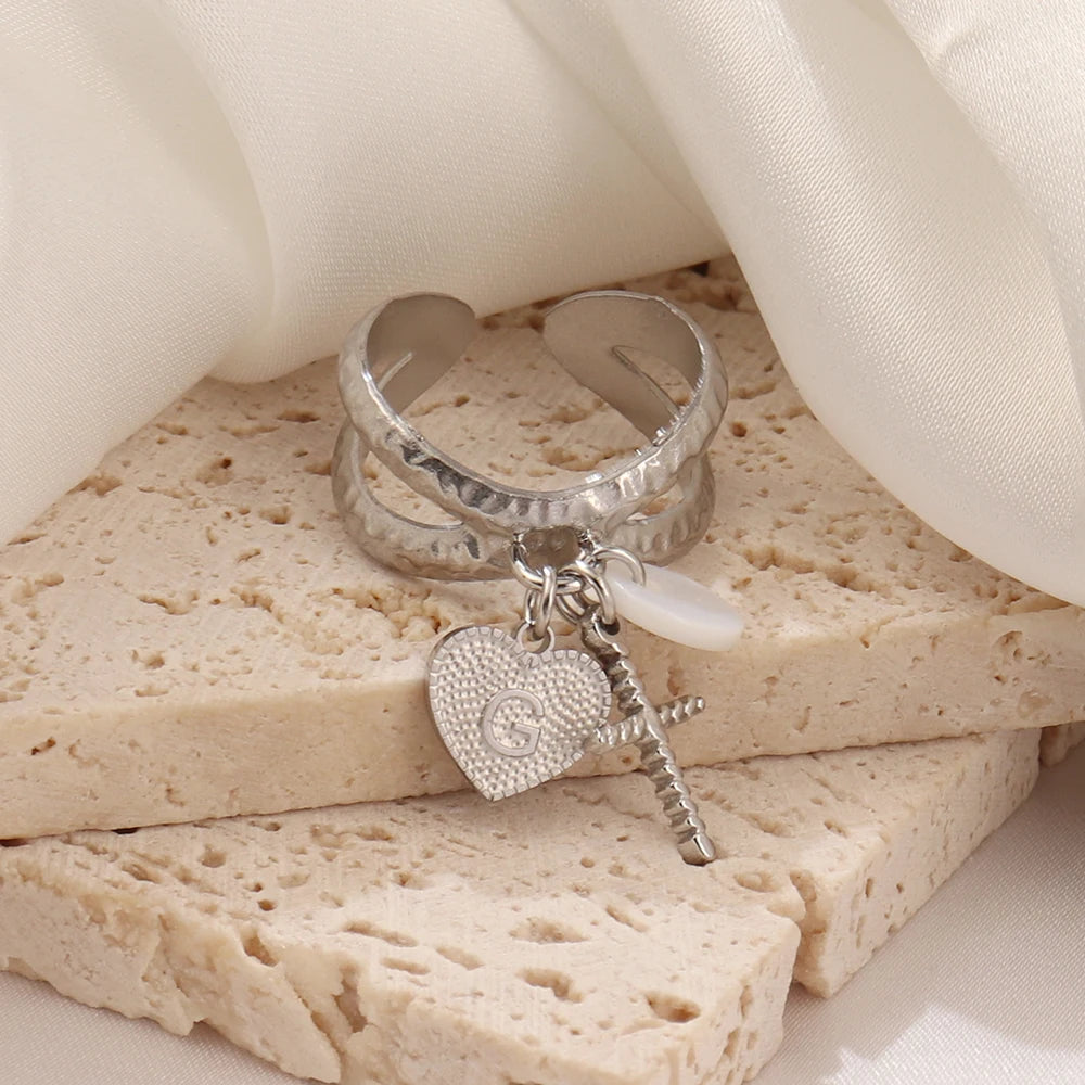 Dainty Cross & Heart Initial Ring