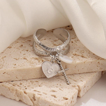 Dainty Cross & Heart Initial Ring