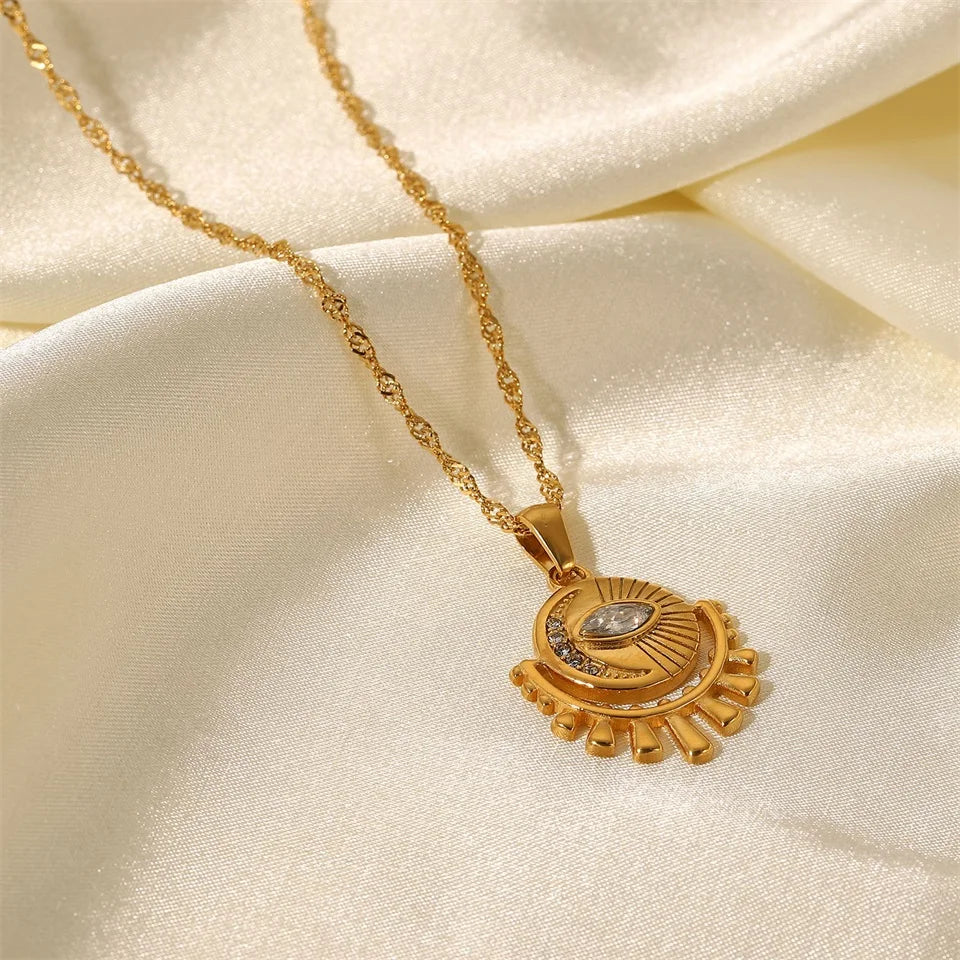 18k Dainty Sun & Moon Evil Eye Necklace