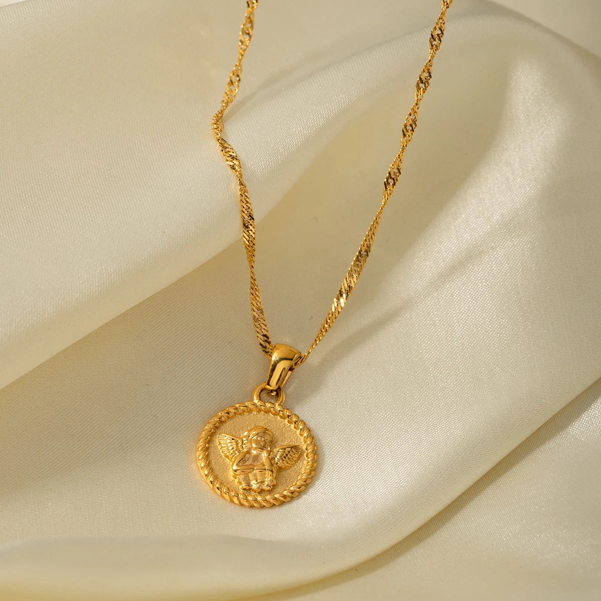 18k Dainty Textured Angel Pendant Necklace