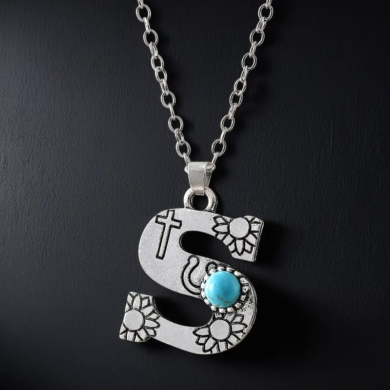 Boho Turquoise Accented Letter Initial Necklace