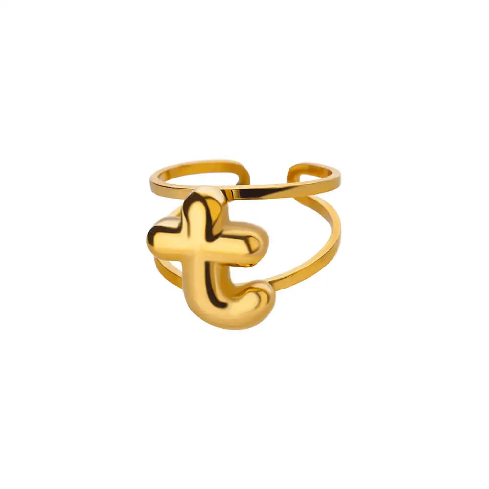 Adjustable Open Band Bubble Letter Initial Ring - Veinci