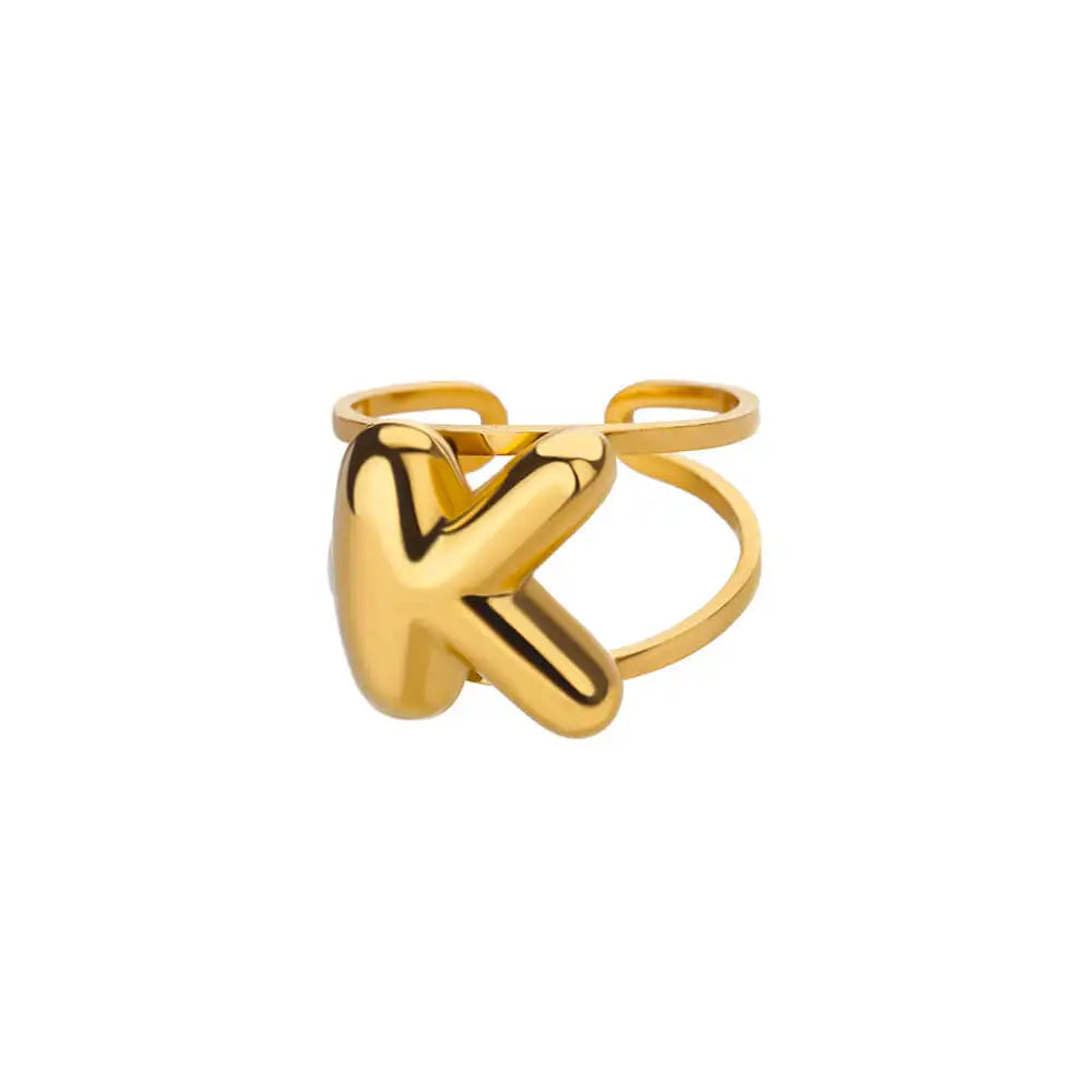 Adjustable Open Band Bubble Letter Initial Ring - Veinci