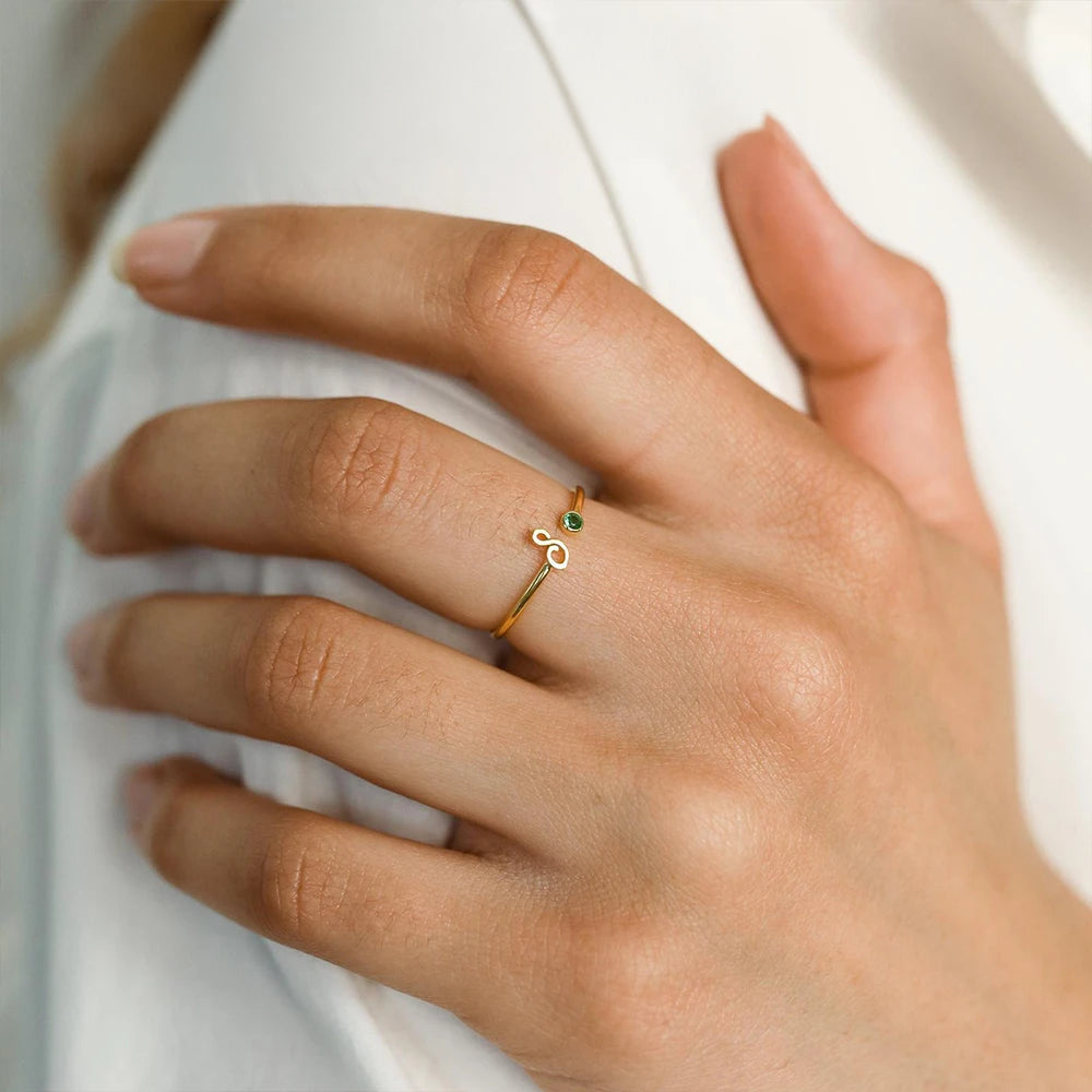 Dainty Cursive Initial Birthstone Ring