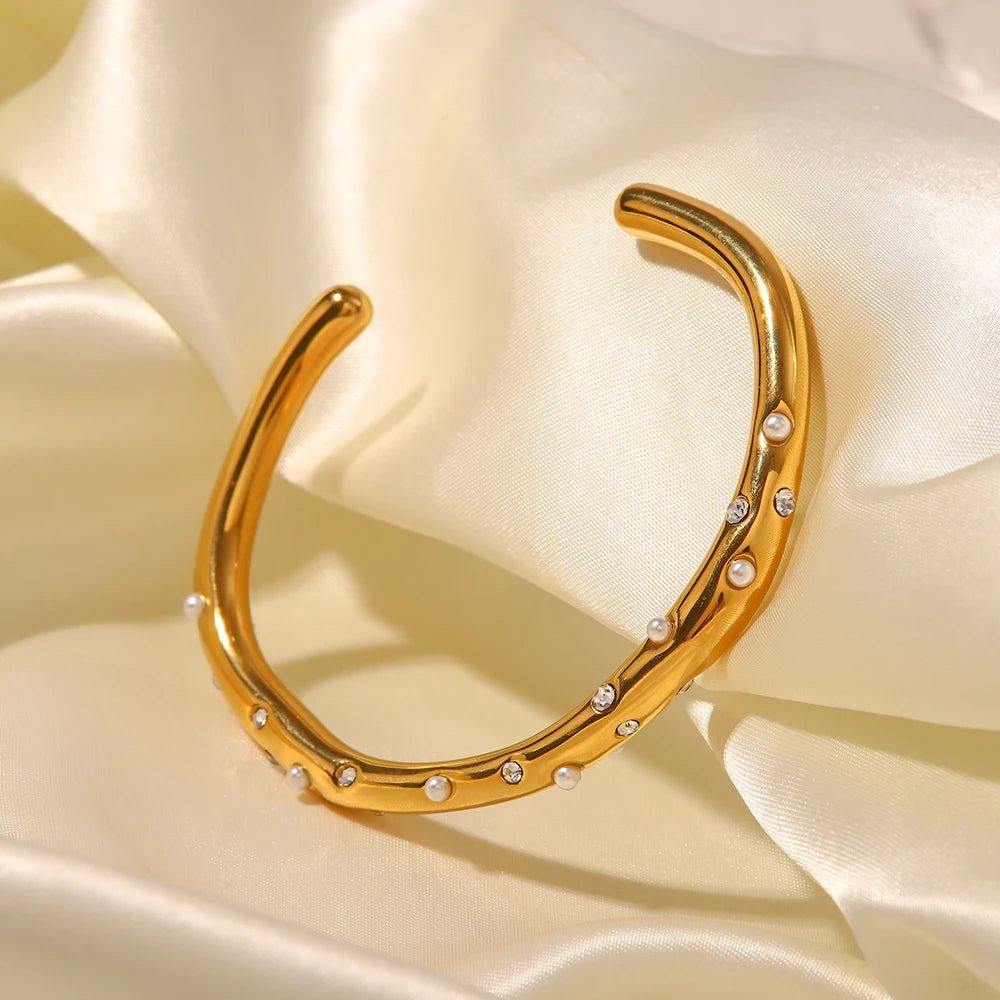 Diamond & Pearl Embedded Bangle Bracelet