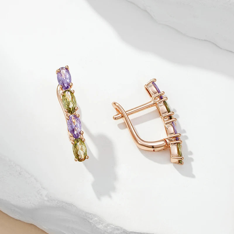 Elegant Purple & Green Diamond Stacked Earrings