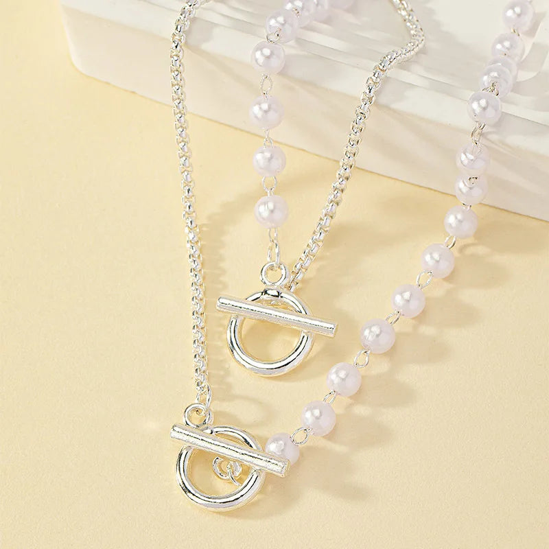 Chain & Pearl Circle Clasp Bracelet and Necklace Set