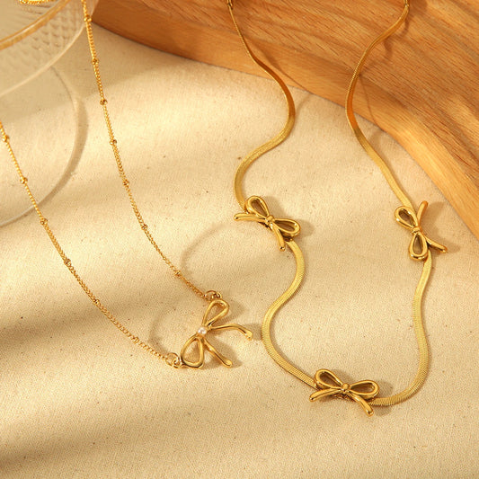 18k Feminine Bow Herringbone & Dainty Pearl Necklace