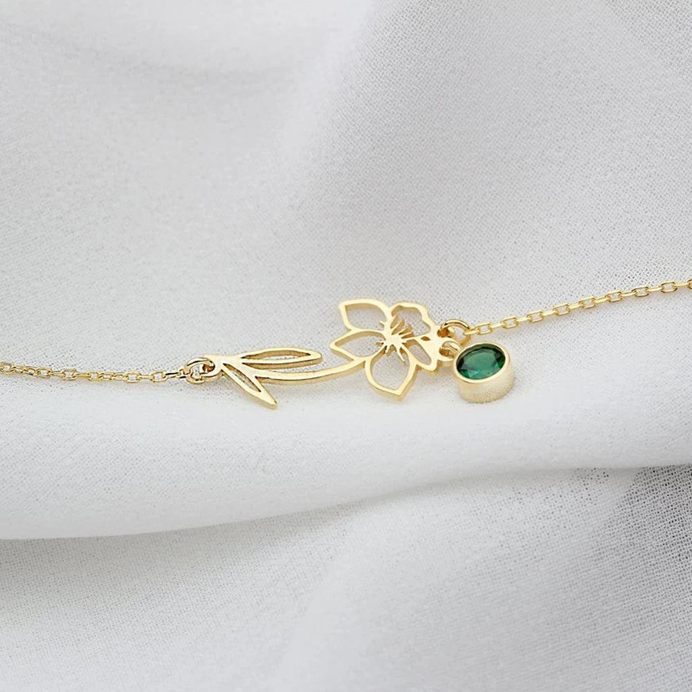 Dainty Birth Flower & Birthstone Chain Bracelet