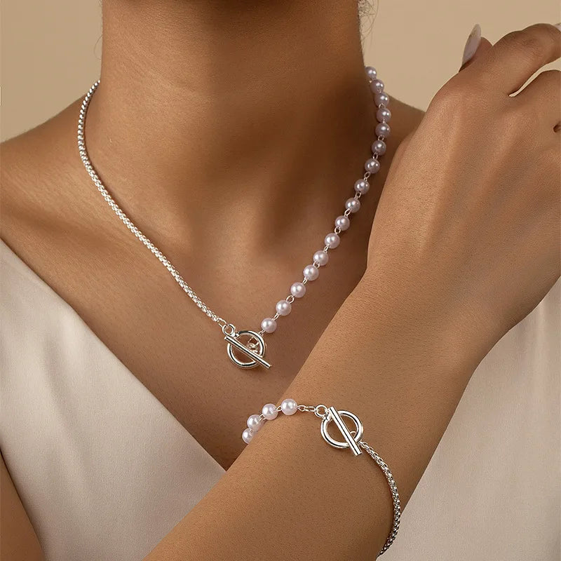 Chain & Pearl Circle Clasp Bracelet and Necklace Set