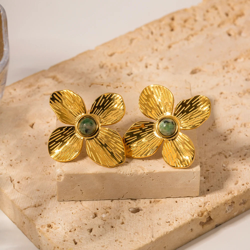 18k Green Stone Floral Stud Earrings