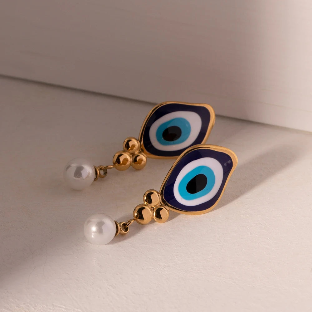 18k Evil Eye Pearl Drop Earrings